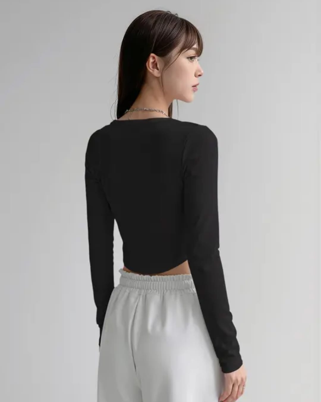 black crop top 2 Women's Chocolate Brown Square Neck Corset Style Full Sleeve Crop Top - Image 5