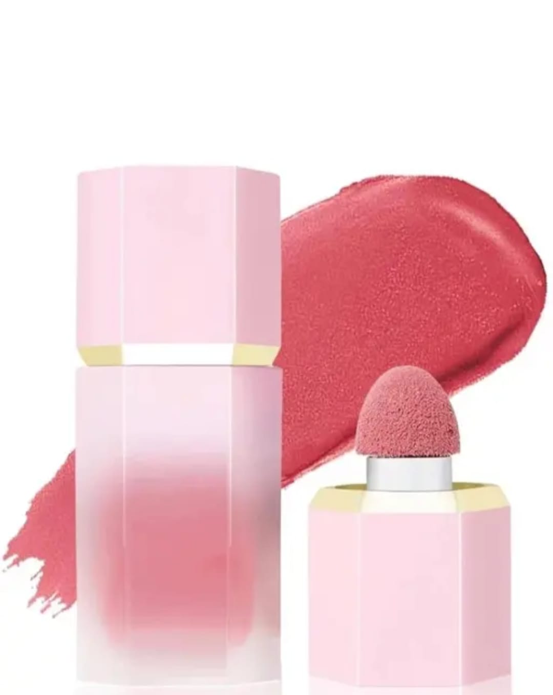 Pink air cushion mushroom head liquid blush with built-in sponge applicator and natural rosy shade.