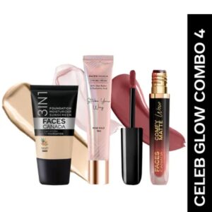Faces Canada makeup combo featuring foundation, rose gold strobe cream, and Comfy Matte liquid lipstick for a complete everyday beauty routine.