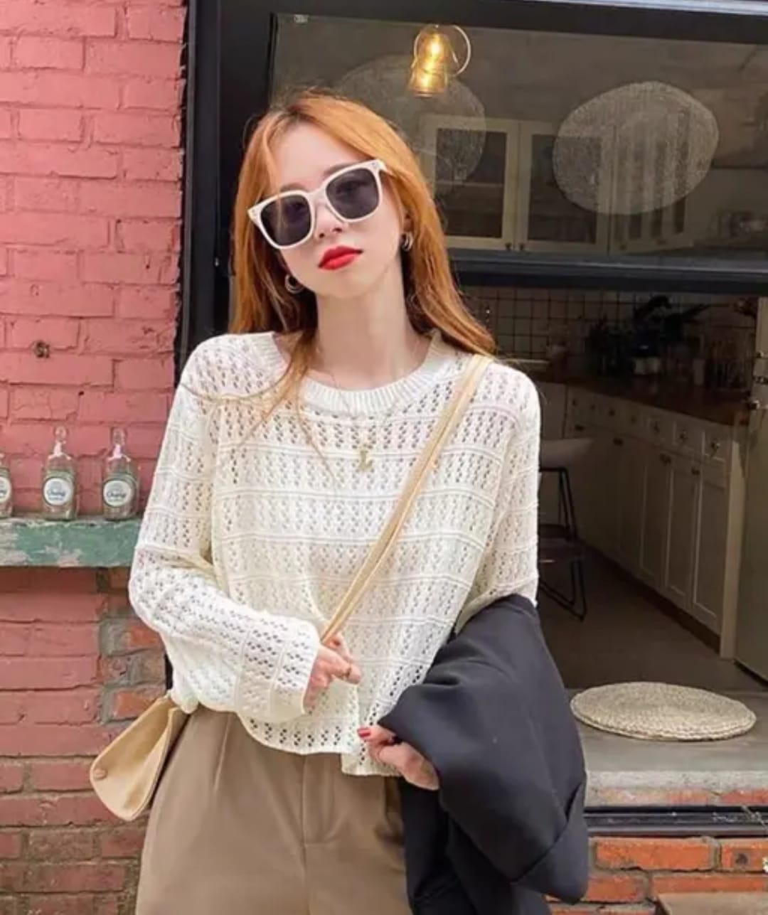 Cream Crochet Knit Long Sleeve Sweater Top for Women - Image 3