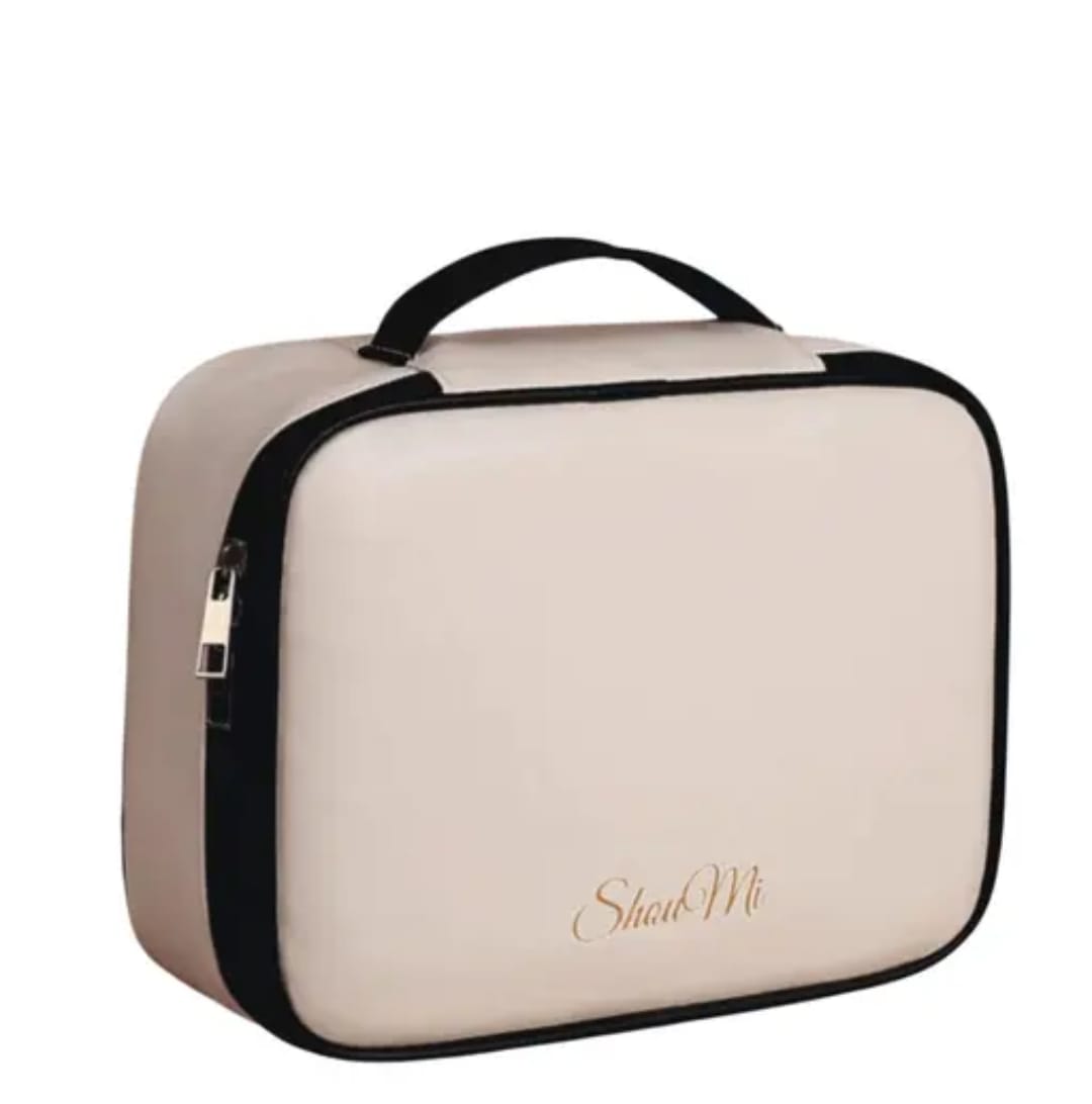 make up kit Elegant beige ShawMi travel makeup organizer bag with top handle, spacious storage, and zip closure for cosmetics and skincare essentials.