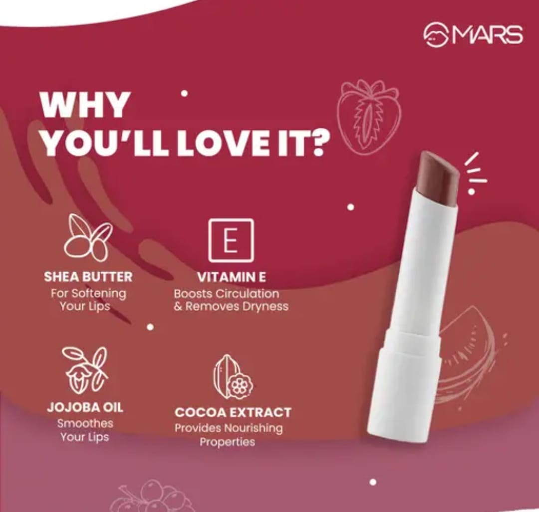 mars lip balm 2 MARS Passion Fruit tinted moisturizing lip balm with a natural glossy finish and passion fruit illustration.