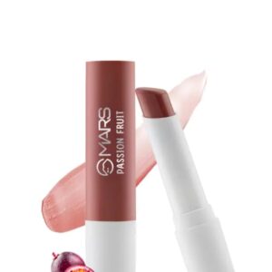 MARS Passion Fruit tinted moisturizing lip balm with a natural glossy finish and passion fruit illustration.