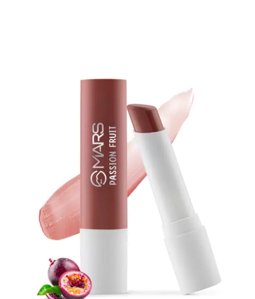 mars lip balm MARS Passion Fruit tinted moisturizing lip balm with a natural glossy finish and passion fruit illustration.