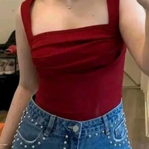 Wine Red Sleeveless Square Neck Top