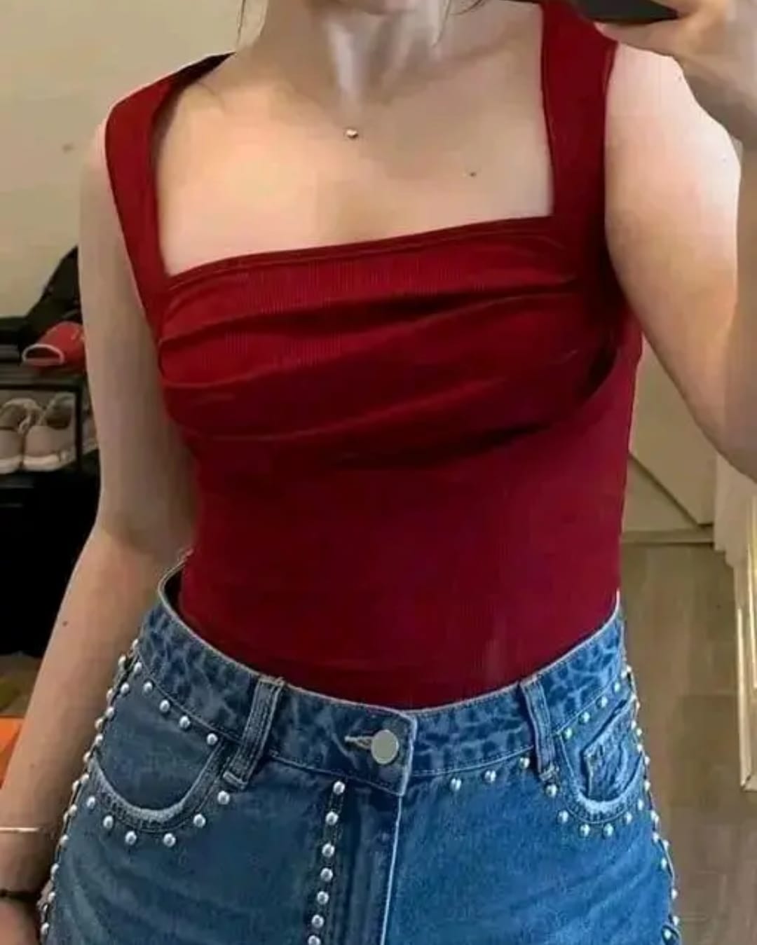 Wine Red Sleeveless Square Neck Top